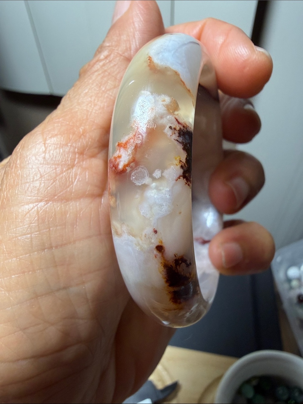 All nature flower  Agate Bangle Bracelet in Cream, Brown & Rust . 55.5mm unique